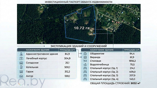 Продажа база отдыха: Минский р-н, пос. Городище. Земельный участок - 10,72 га. Здания - 5032м2.